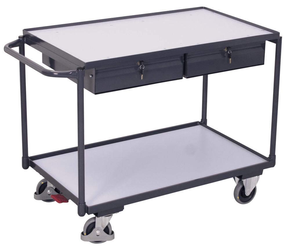 ESD table trolley with 2 load surfaces and 2 drawers ESD table trolley with 2 load surfaces and 2 drawers
