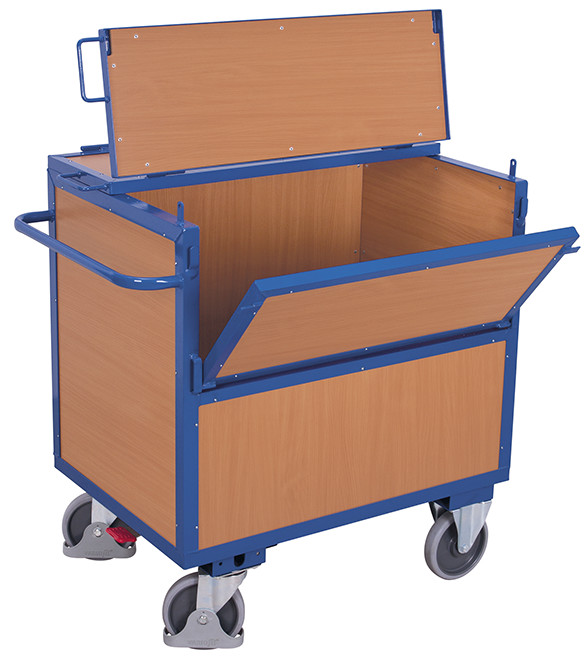 Box trolley with board panels and lid, welded Box trolley with board panels and lid, welded