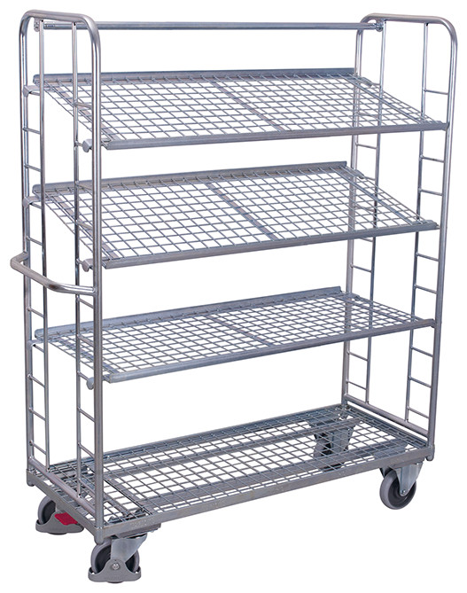 Shelf trolley with 4 mesh shelves, galvanised Shelf trolley with 4 mesh shelves, galvanised