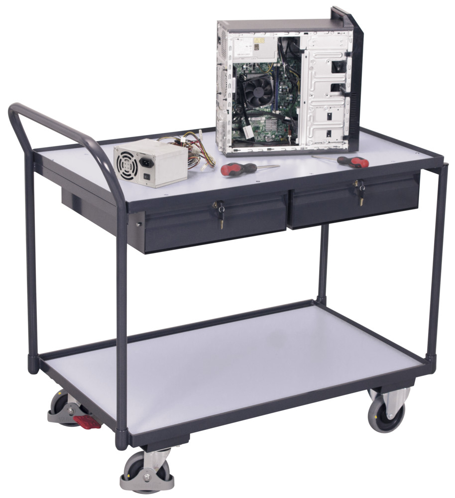 ESD table trolley with 2 load surfaces and 2 drawers ESD table trolley with 2 load surfaces and 2 drawers