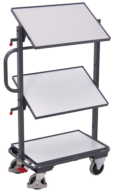 ESD small order picking trolley with 3 ESD shelves, tiltable