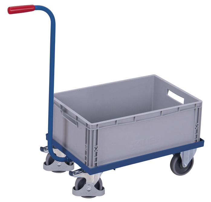 Push-handle dolly with plastic crate Push-handle dolly with plastic crate