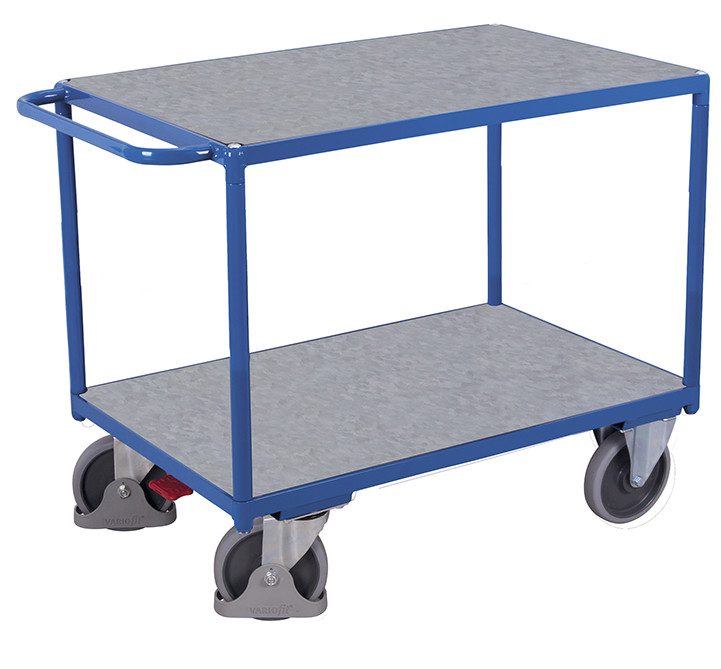 Heavy-duty table trolley with 2 load surfaces covered with galvanised sheet